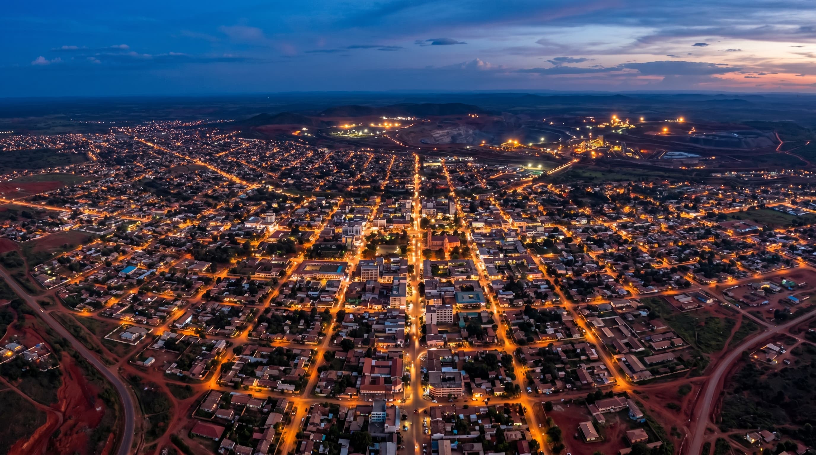 Vue aérienne d'une ville minière au crépuscule, Haut-Katanga