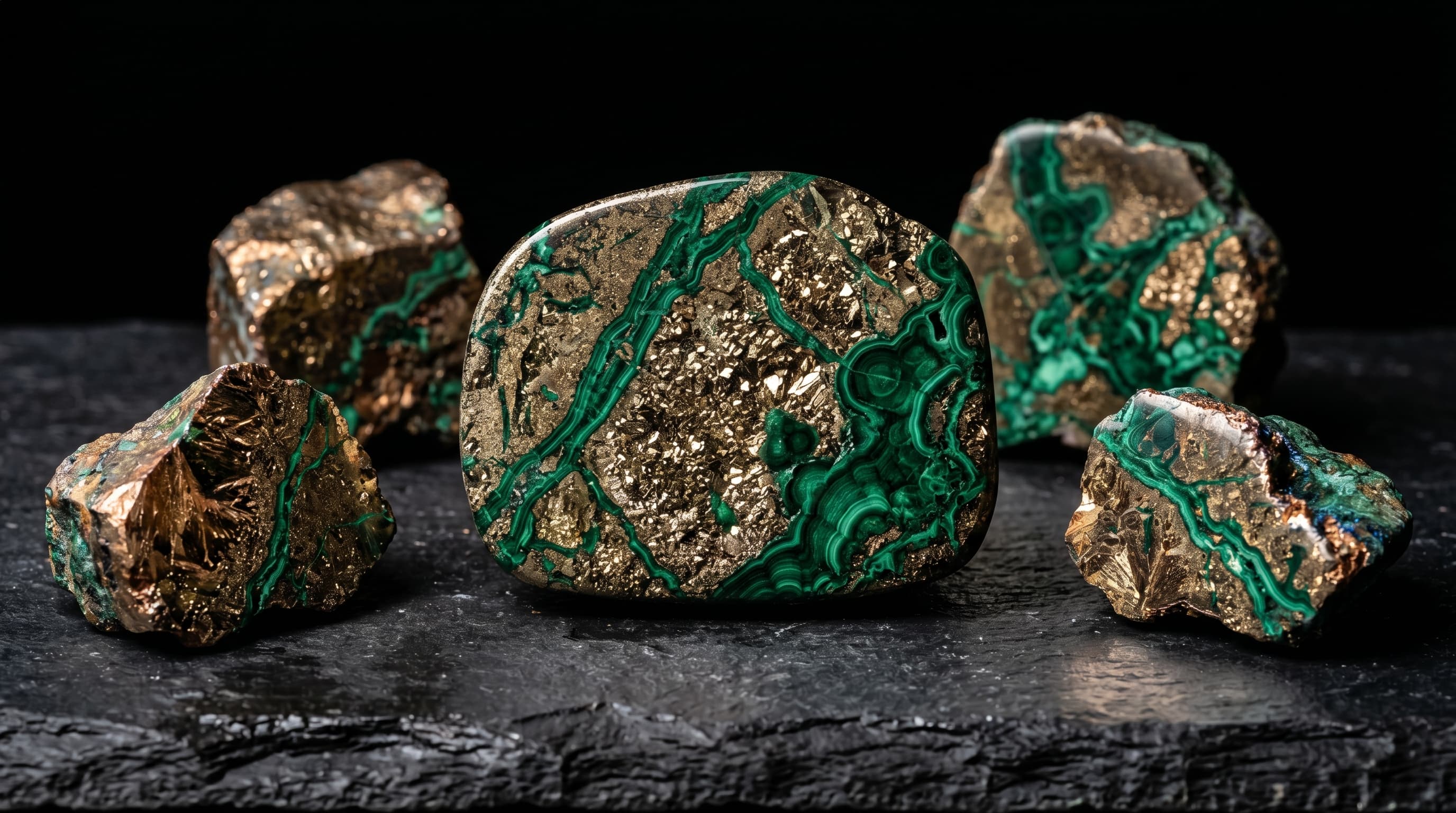 Spécimens de malachite et chalcopyrite — minerais de cuivre