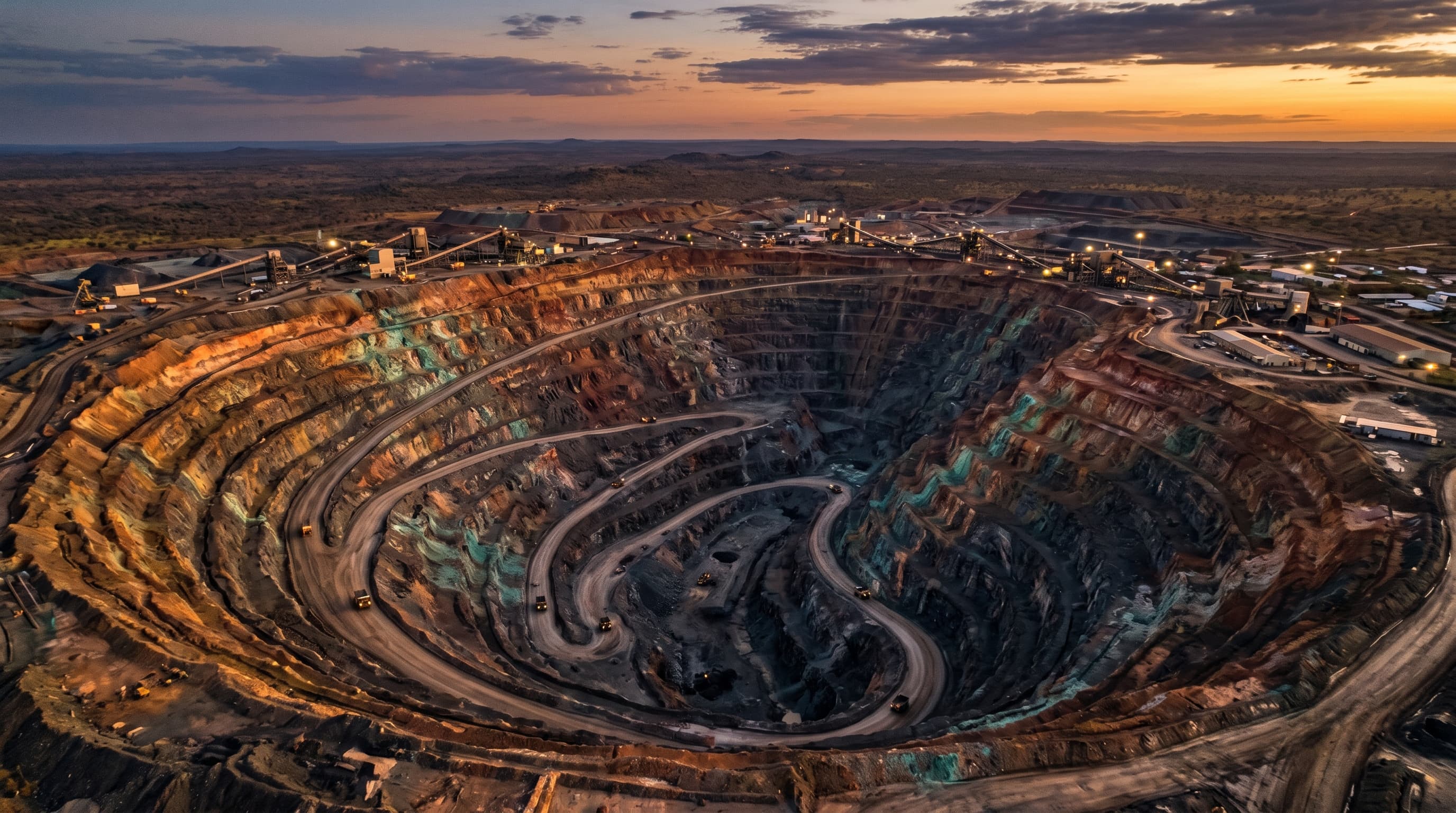 Mine de cuivre à ciel ouvert au coucher du soleil, ceinture cuprifère